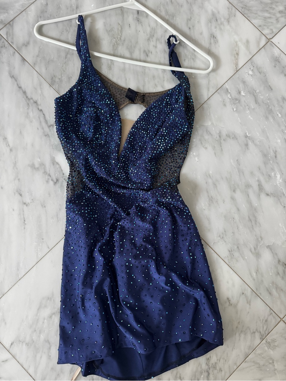 Faviana Navy Blue Sequin Prom Dress